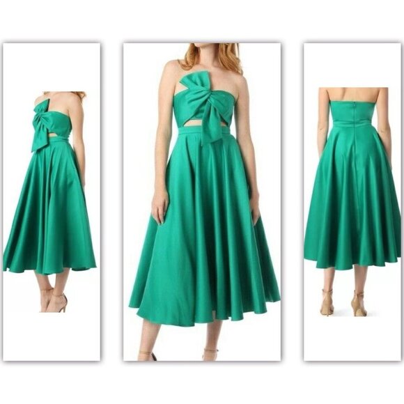 NWT Jay Godfrey Surin Full Circle Strapless Twist-Front Satin Midi Emerald Green - Picture 3 of 12